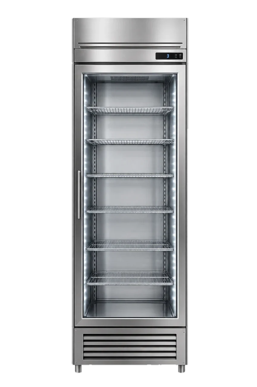 Edelstahl-Kühlschrank mit Glastür und beleuchteten Regalen