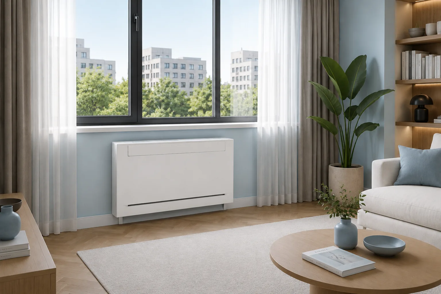 Klimatruhe in einem Wohnbereich mit großen Fensterflächen