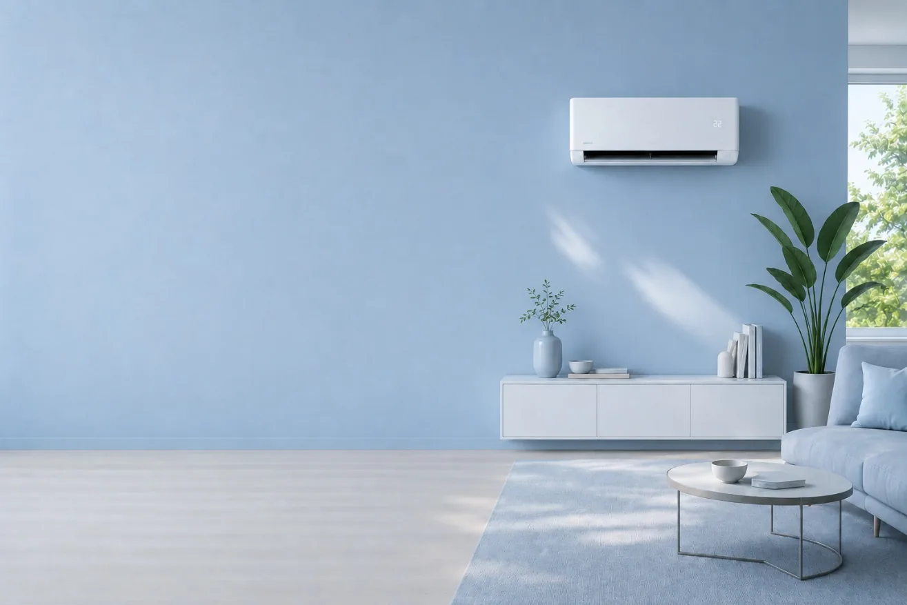 Wandklimagerät in einem modern eingerichteten Wohnraum